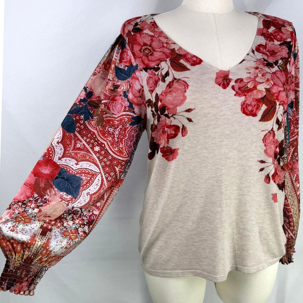 Chicos Floral Balloon Sleeve Knit Top Size 2/L Tan Boho Paisley Cottagecore